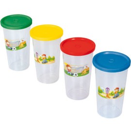 PAQ. DE 4 VASOS MEDIANO DECORADO CON TAPA