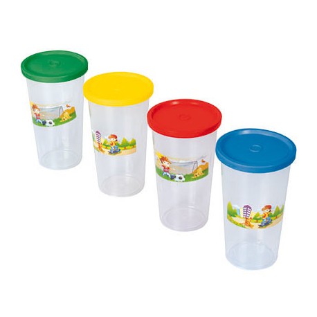 PAQ. DE 4 VASOS MEDIANO DECORADO CON TAPA