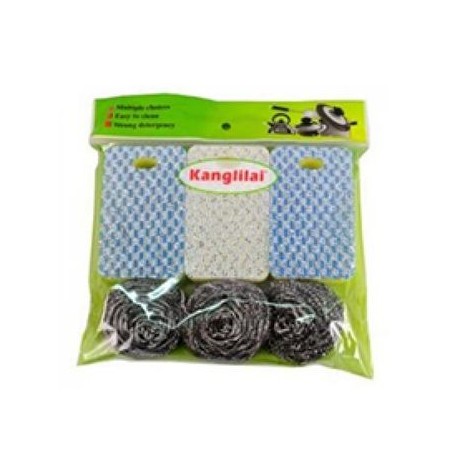 (M407-2F-6)PAQUETE CON 3 ESPONJAS Y 3 FIBRAS SCOURER